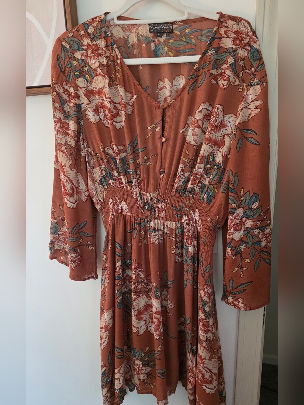 Floral Rust Midi Dress with Smocked Waist